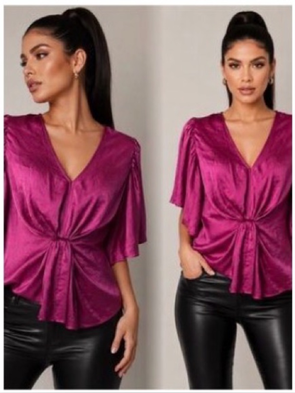 DKNY Fuchsia Pink Satin Knot-Front Blouse Size Large